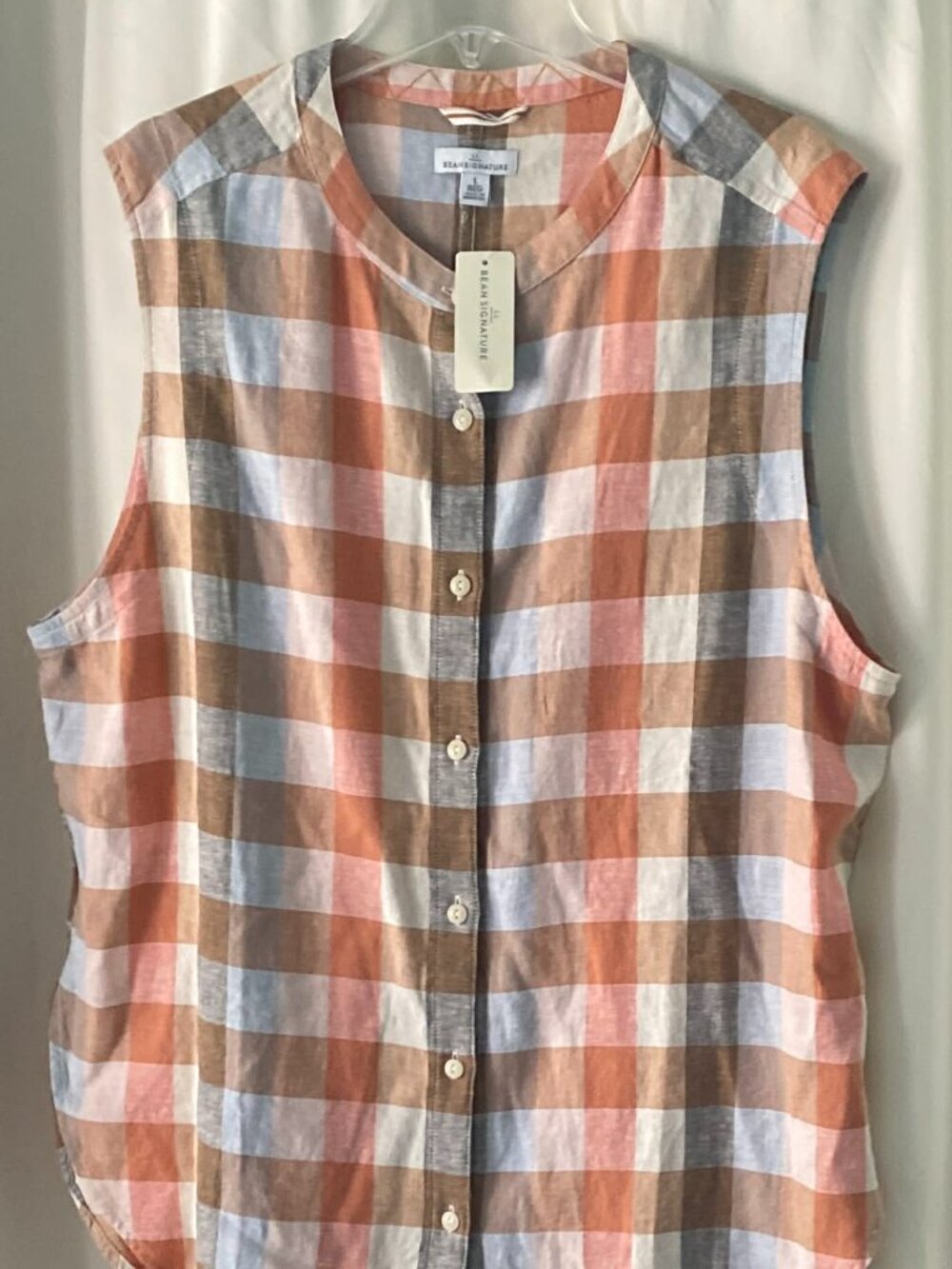 L.L. Bean Signature Linen/Rayon Plaid Sleeveless Blouse Women’s L Button Front
